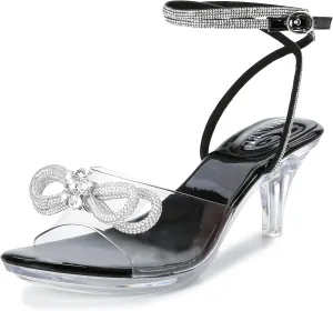 NBUUNBU Rhinestone Bowknot Strappy Clear Heels for Women - Ankle Strap Platform Sandals With Transparent High Heel - Sexy Crystal Slingback Stiletto Open Toe Comfy Party Wedding Shoes Mules Pump