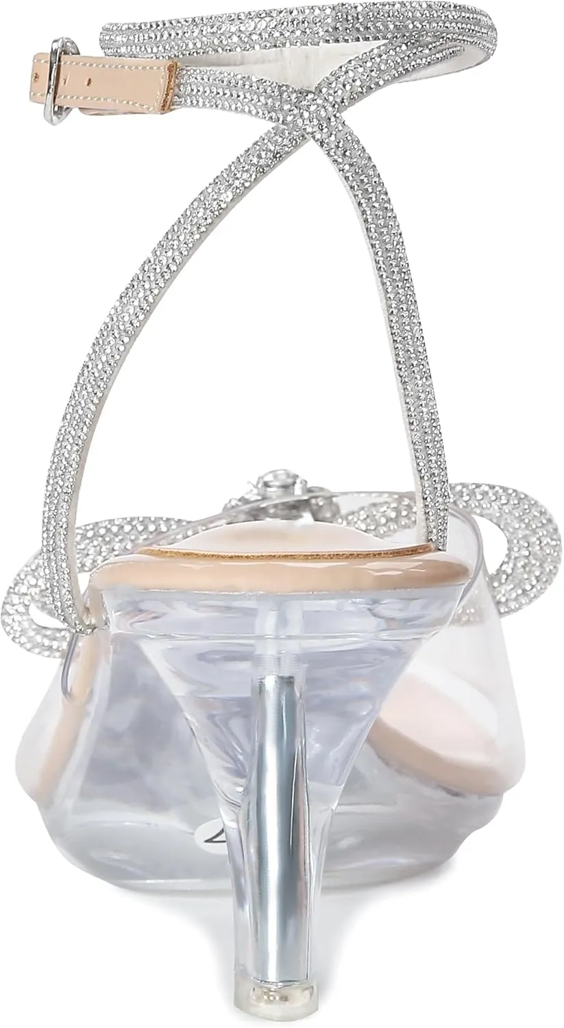 NBUUNBU Rhinestone Bowknot Strappy Clear Heels for Women - Ankle Strap Platform Sandals With Transparent High Heel - Sexy Crystal Slingback Stiletto Open Toe Comfy Party Wedding Shoes Mules Pump