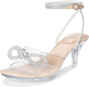 NBUUNBU Rhinestone Bowknot Strappy Clear Heels for Women - Ankle Strap Platform Sandals With Transparent High Heel - Sexy Crystal Slingback Stiletto Open Toe Comfy Party Wedding Shoes Mules Pump