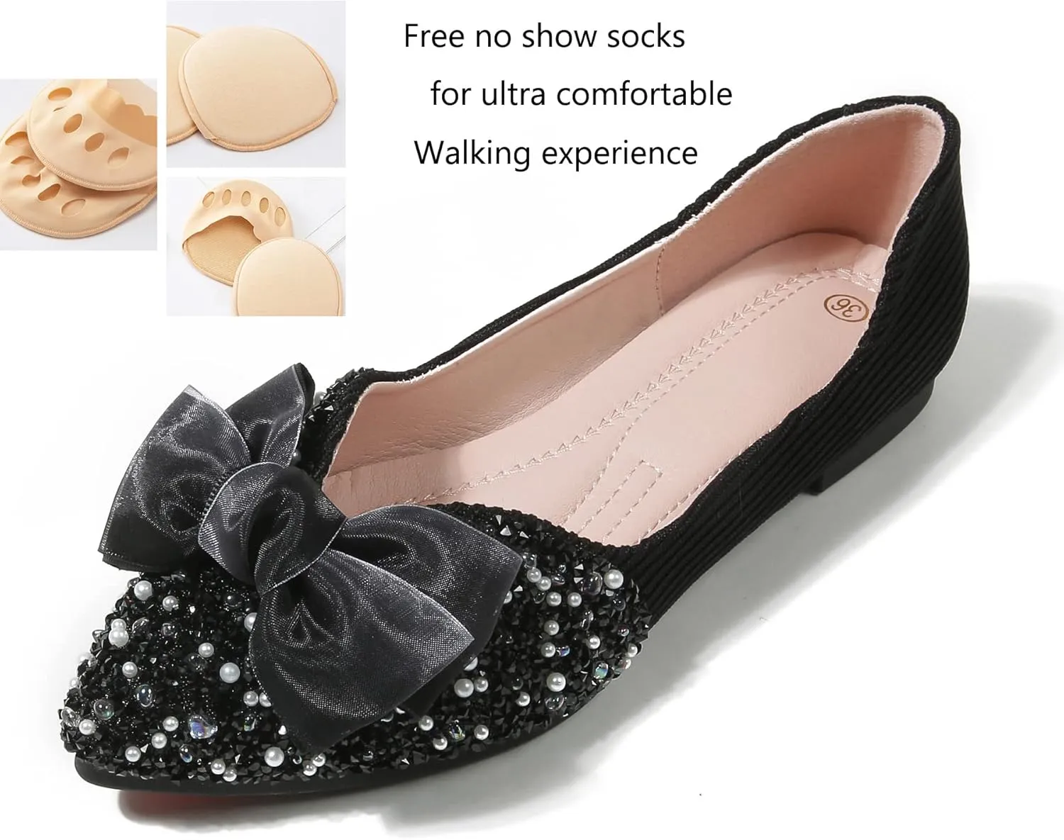 ODORHEISAYO Women Flats Pointed Toe Dressy Crystals Shoes Cute Bowknot Ballet Flats Comfort Light Weight Loafers Slip-ons Sandals