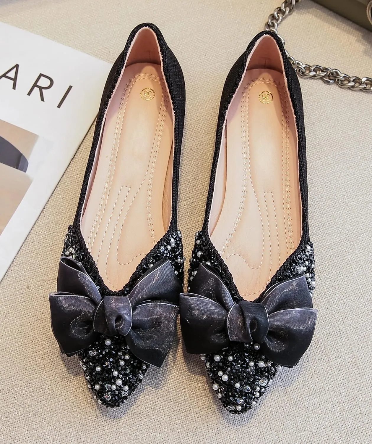 ODORHEISAYO Women Flats Pointed Toe Dressy Crystals Shoes Cute Bowknot Ballet Flats Comfort Light Weight Loafers Slip-ons Sandals