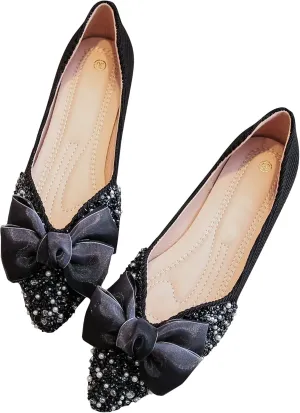 ODORHEISAYO Women Flats Pointed Toe Dressy Crystals Shoes Cute Bowknot Ballet Flats Comfort Light Weight Loafers Slip-ons Sandals