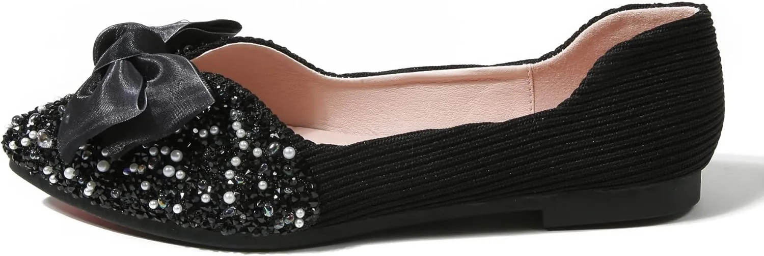 ODORHEISAYO Women Flats Pointed Toe Dressy Crystals Shoes Cute Bowknot Ballet Flats Comfort Light Weight Loafers Slip-ons Sandals