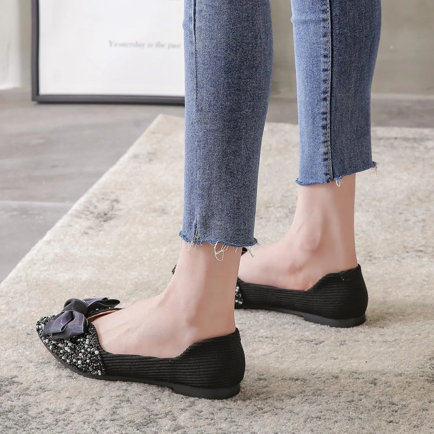 ODORHEISAYO Women Flats Pointed Toe Dressy Crystals Shoes Cute Bowknot Ballet Flats Comfort Light Weight Loafers Slip-ons Sandals
