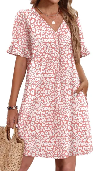 OFEEFAN Summer Dresses for Women Ruffle Short Sleeve V Neck Casual Shift Dress with Pockets
