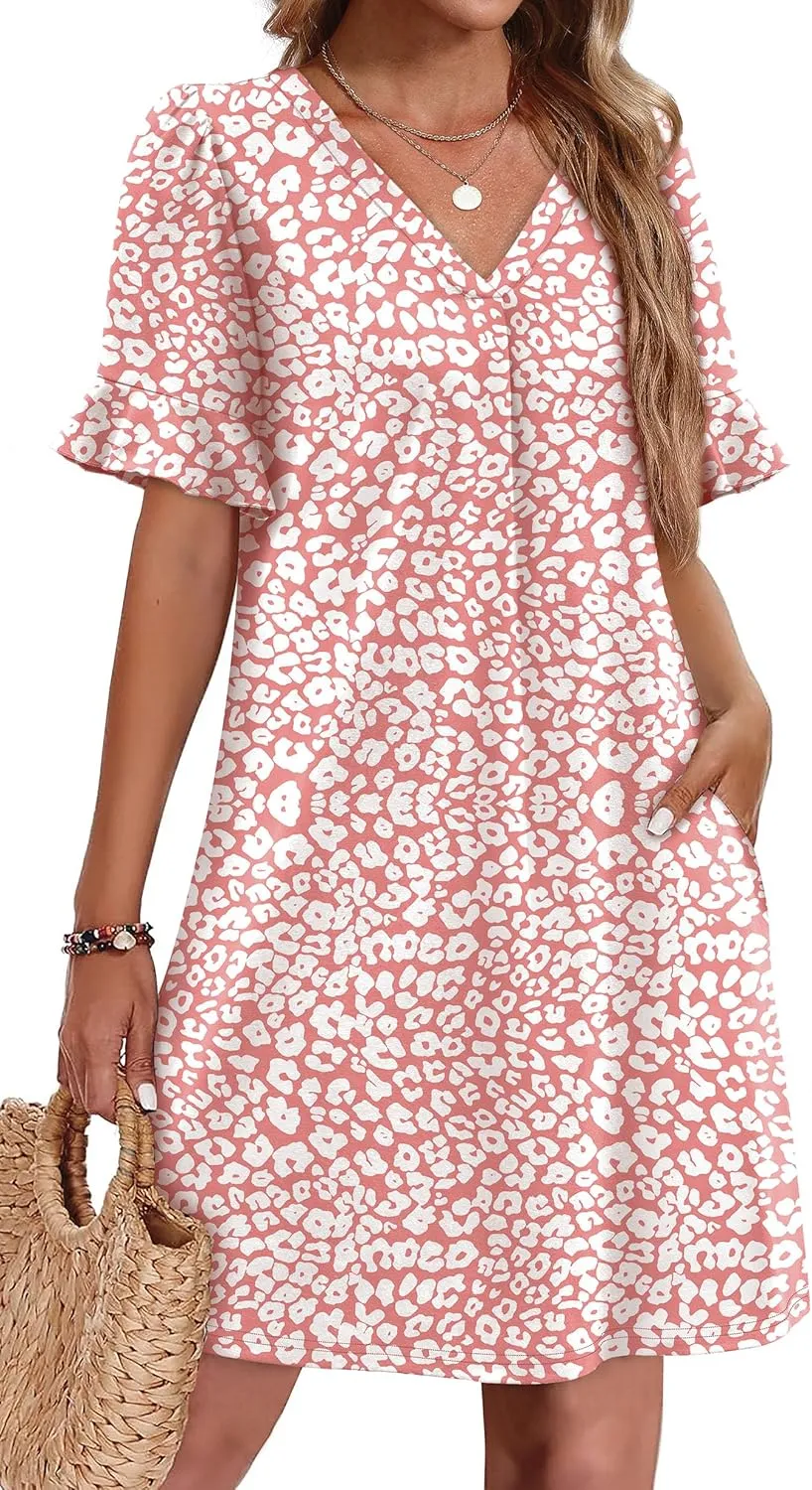 OFEEFAN Summer Dresses for Women Ruffle Short Sleeve V Neck Casual Shift Dress with Pockets