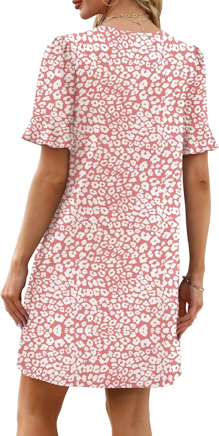 OFEEFAN Summer Dresses for Women Ruffle Short Sleeve V Neck Casual Shift Dress with Pockets