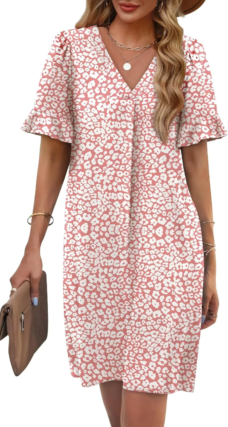 OFEEFAN Summer Dresses for Women Ruffle Short Sleeve V Neck Casual Shift Dress with Pockets