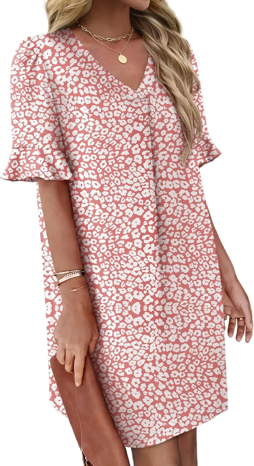 OFEEFAN Summer Dresses for Women Ruffle Short Sleeve V Neck Casual Shift Dress with Pockets