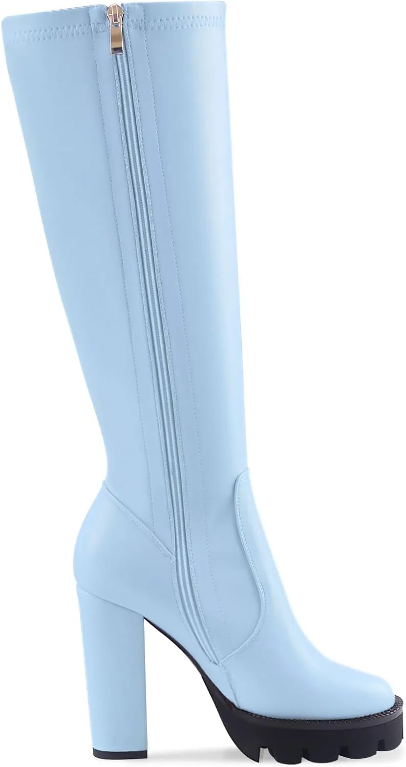 Oh Mispares Women’s Block High Heeled Knee-High Boots Zip Up Tall Boots for Women Round Toe Thick Sole Comfortable Fall Winter Booties with Chunky Heel
