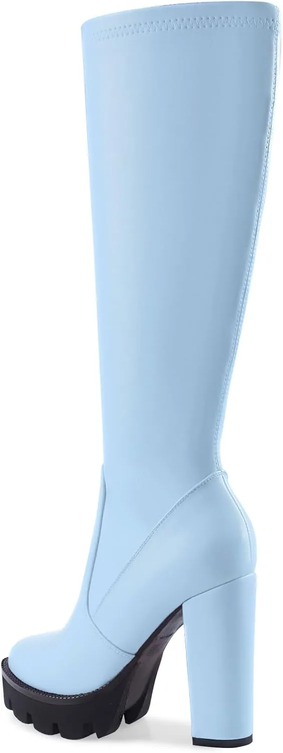 Oh Mispares Women’s Block High Heeled Knee-High Boots Zip Up Tall Boots for Women Round Toe Thick Sole Comfortable Fall Winter Booties with Chunky Heel
