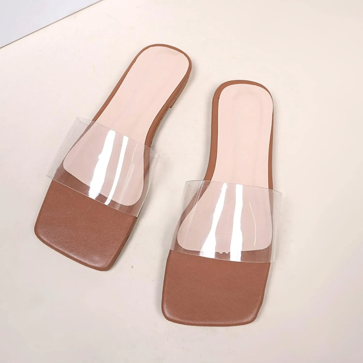 oiangi Single Strap Sandal for Women Flat Summer Square Toe Transparent Strap Open Toe Slip-on Slide Flip Flop Slippers Casual Trendy Beach Shoes