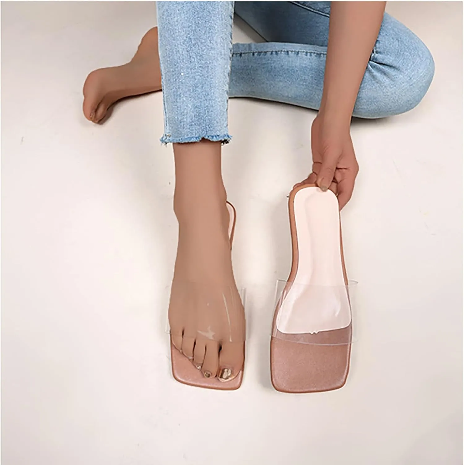 oiangi Single Strap Sandal for Women Flat Summer Square Toe Transparent Strap Open Toe Slip-on Slide Flip Flop Slippers Casual Trendy Beach Shoes