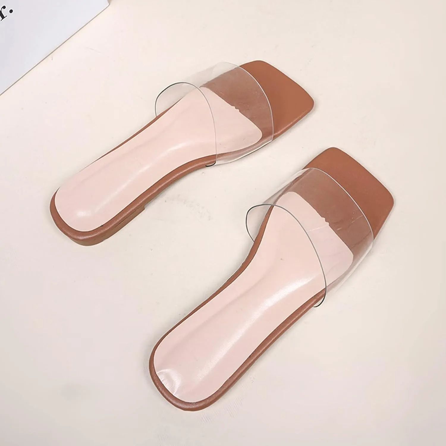 oiangi Single Strap Sandal for Women Flat Summer Square Toe Transparent Strap Open Toe Slip-on Slide Flip Flop Slippers Casual Trendy Beach Shoes