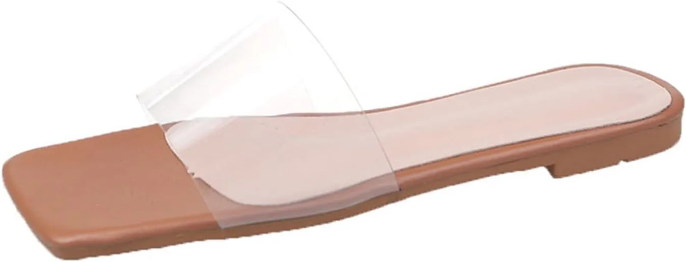 oiangi Single Strap Sandal for Women Flat Summer Square Toe Transparent Strap Open Toe Slip-on Slide Flip Flop Slippers Casual Trendy Beach Shoes