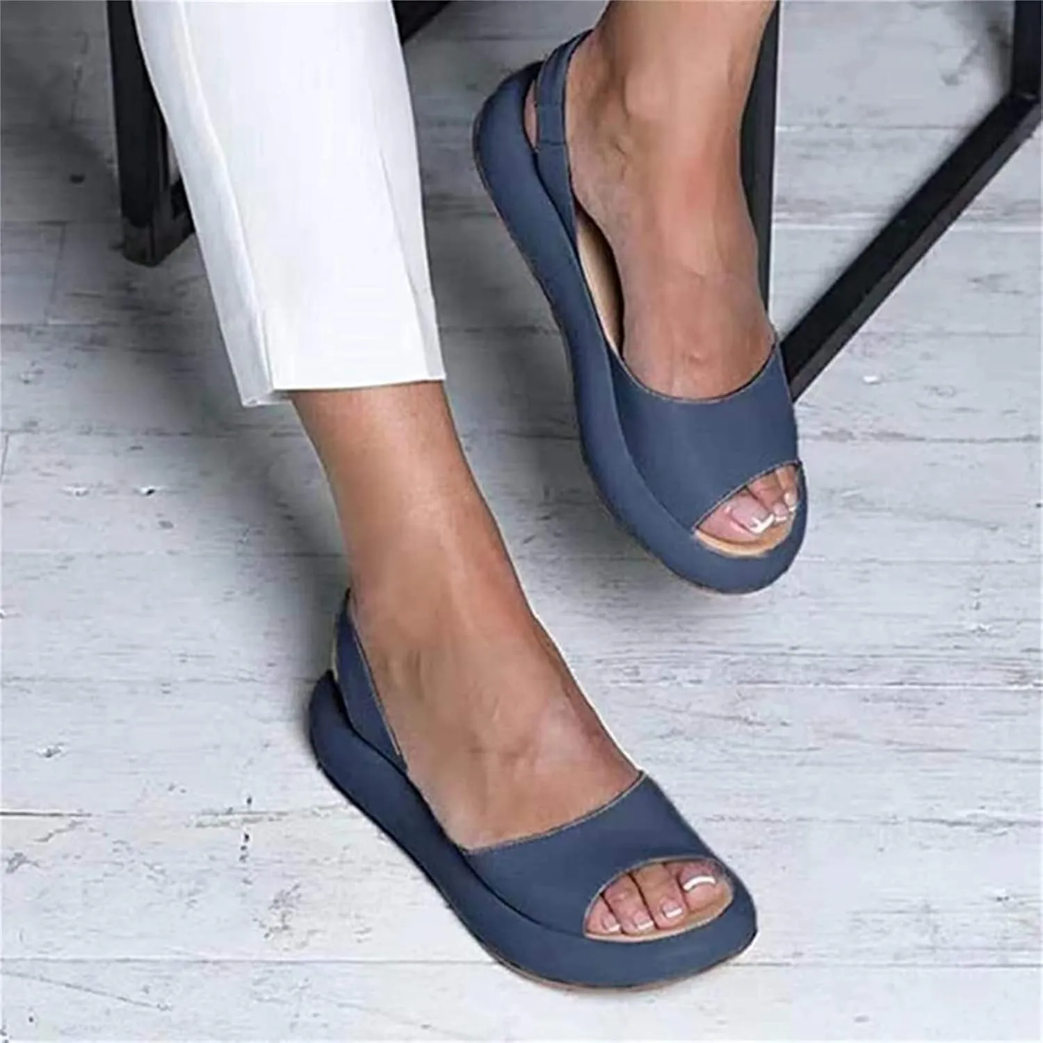 OMIREL Orthopedic Wedge Sandals for Women Summer Open Toe Ankle Strap Platform Sandals Slip on Fish Mouth Non-Slip Comfy Slipper Leather Mules Beach Shoes,Blue,US9/EU40