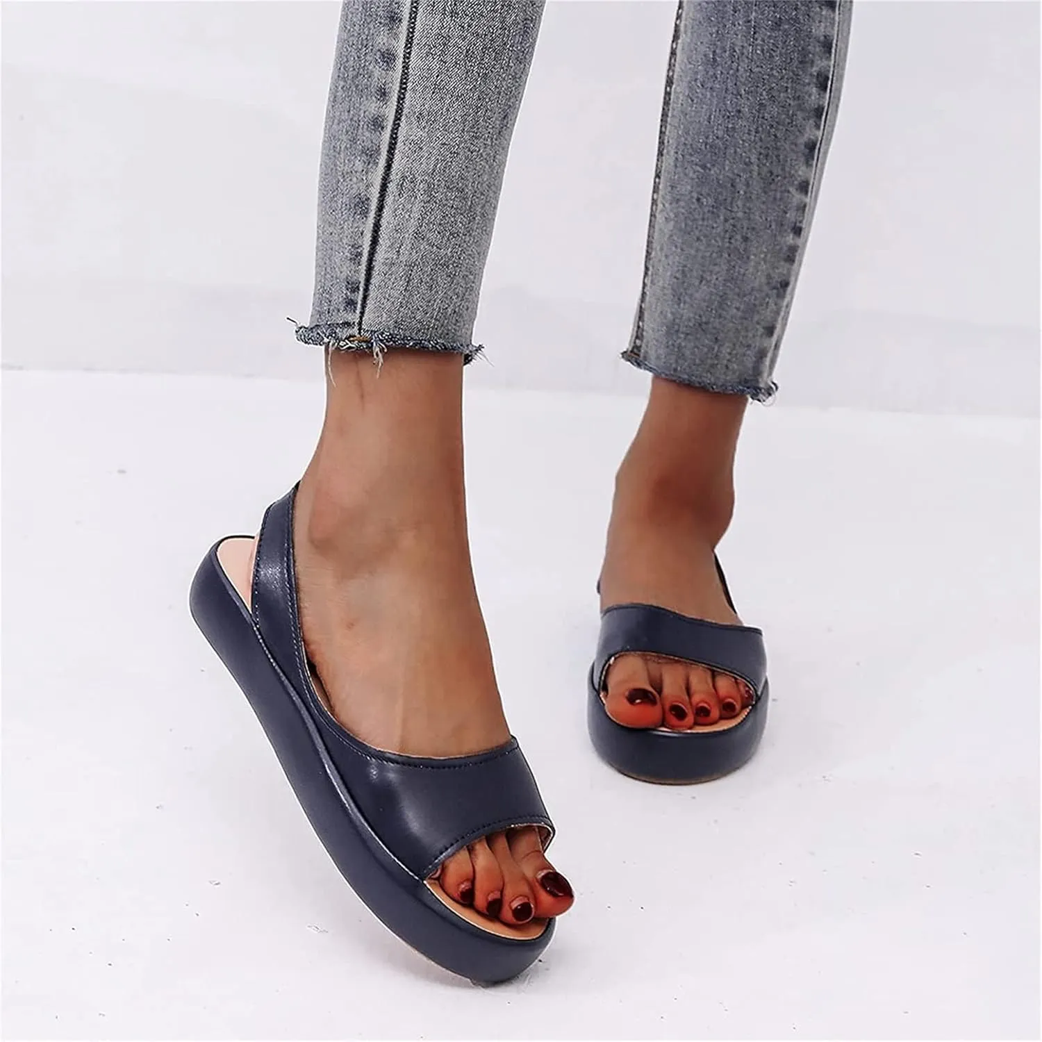 OMIREL Orthopedic Wedge Sandals for Women Summer Open Toe Ankle Strap Platform Sandals Slip on Fish Mouth Non-Slip Comfy Slipper Leather Mules Beach Shoes,Blue,US9/EU40