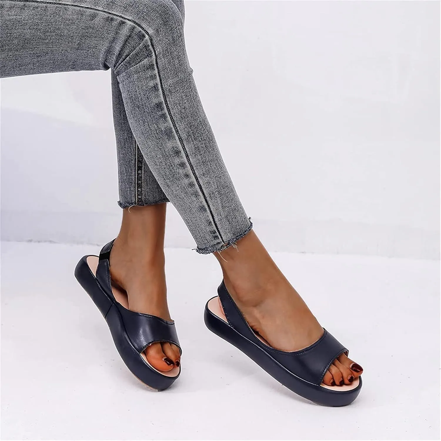 OMIREL Orthopedic Wedge Sandals for Women Summer Open Toe Ankle Strap Platform Sandals Slip on Fish Mouth Non-Slip Comfy Slipper Leather Mules Beach Shoes,Blue,US9/EU40