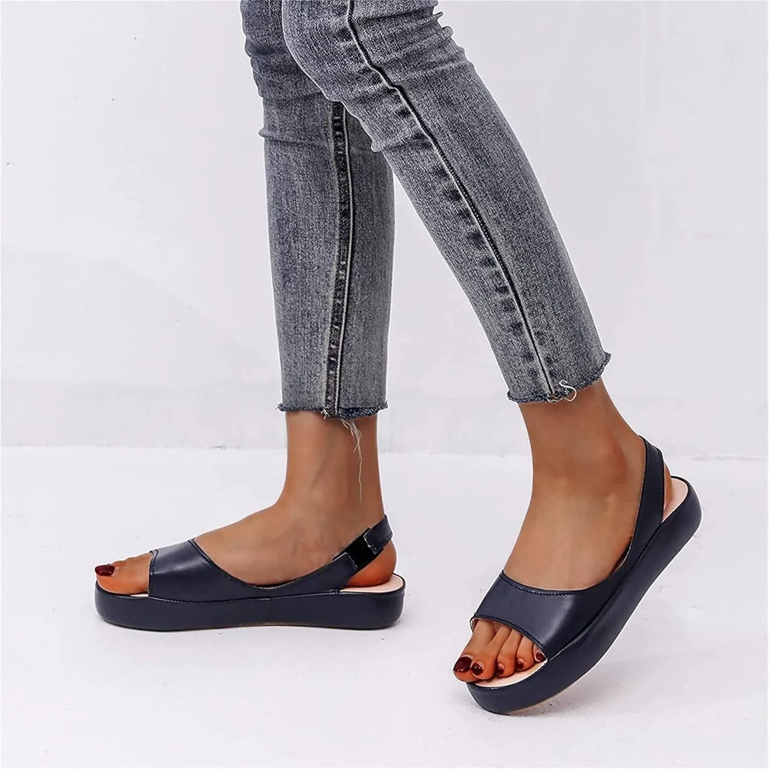 OMIREL Orthopedic Wedge Sandals for Women Summer Open Toe Ankle Strap Platform Sandals Slip on Fish Mouth Non-Slip Comfy Slipper Leather Mules Beach Shoes,Blue,US9/EU40
