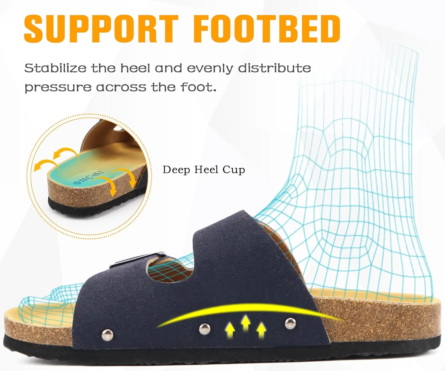 ONCAI Womens Flat Slide Sandals with Arch Support 2 Strap Adjustable Buckle Slip on Slides Shoes Non Slip Rubber Sole