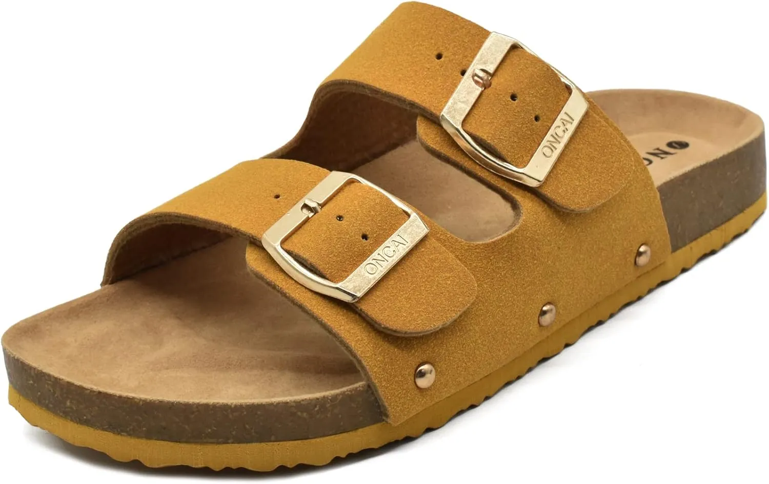 ONCAI Womens Flat Slide Sandals with Arch Support 2 Strap Adjustable Buckle Slip on Slides Shoes Non Slip Rubber Sole
