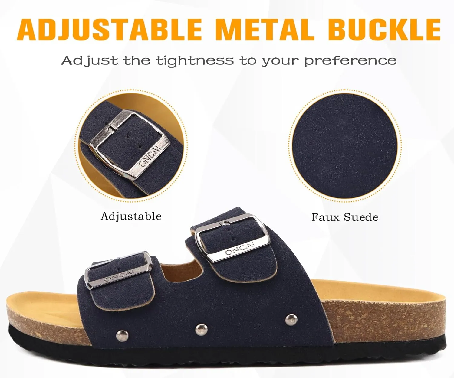 ONCAI Womens Flat Slide Sandals with Arch Support 2 Strap Adjustable Buckle Slip on Slides Shoes Non Slip Rubber Sole