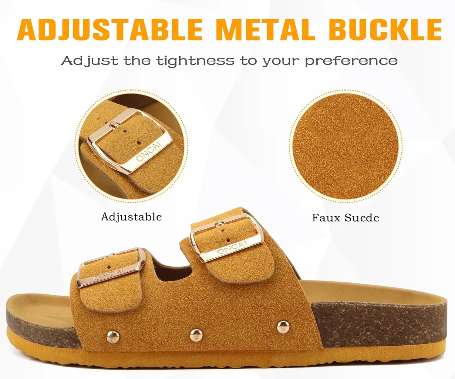 ONCAI Womens Flat Slide Sandals with Arch Support 2 Strap Adjustable Buckle Slip on Slides Shoes Non Slip Rubber Sole