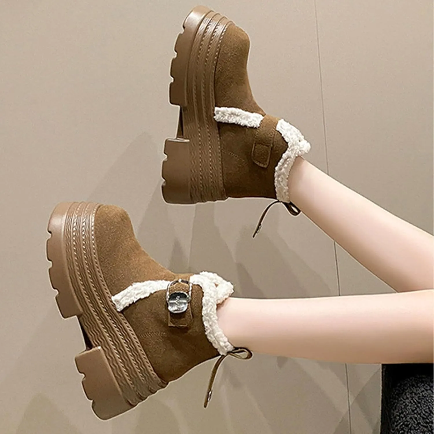 One-Foot Tower Buckle Snow Boots, Thick-Soled Low-Heeled Round-Toed Short Boots with Velvet Lining Raw Edge Warm Straight Boots Suede Frosted Casual Boots
