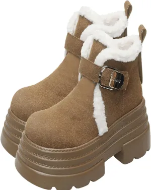 One-Foot Tower Buckle Snow Boots, Thick-Soled Low-Heeled Round-Toed Short Boots with Velvet Lining Raw Edge Warm Straight Boots Suede Frosted Casual Boots