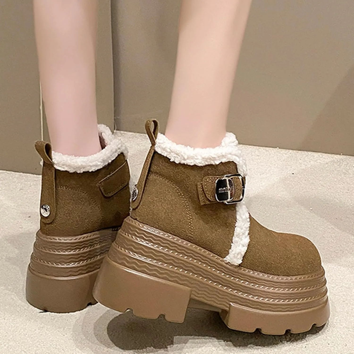 One-Foot Tower Buckle Snow Boots, Thick-Soled Low-Heeled Round-Toed Short Boots with Velvet Lining Raw Edge Warm Straight Boots Suede Frosted Casual Boots