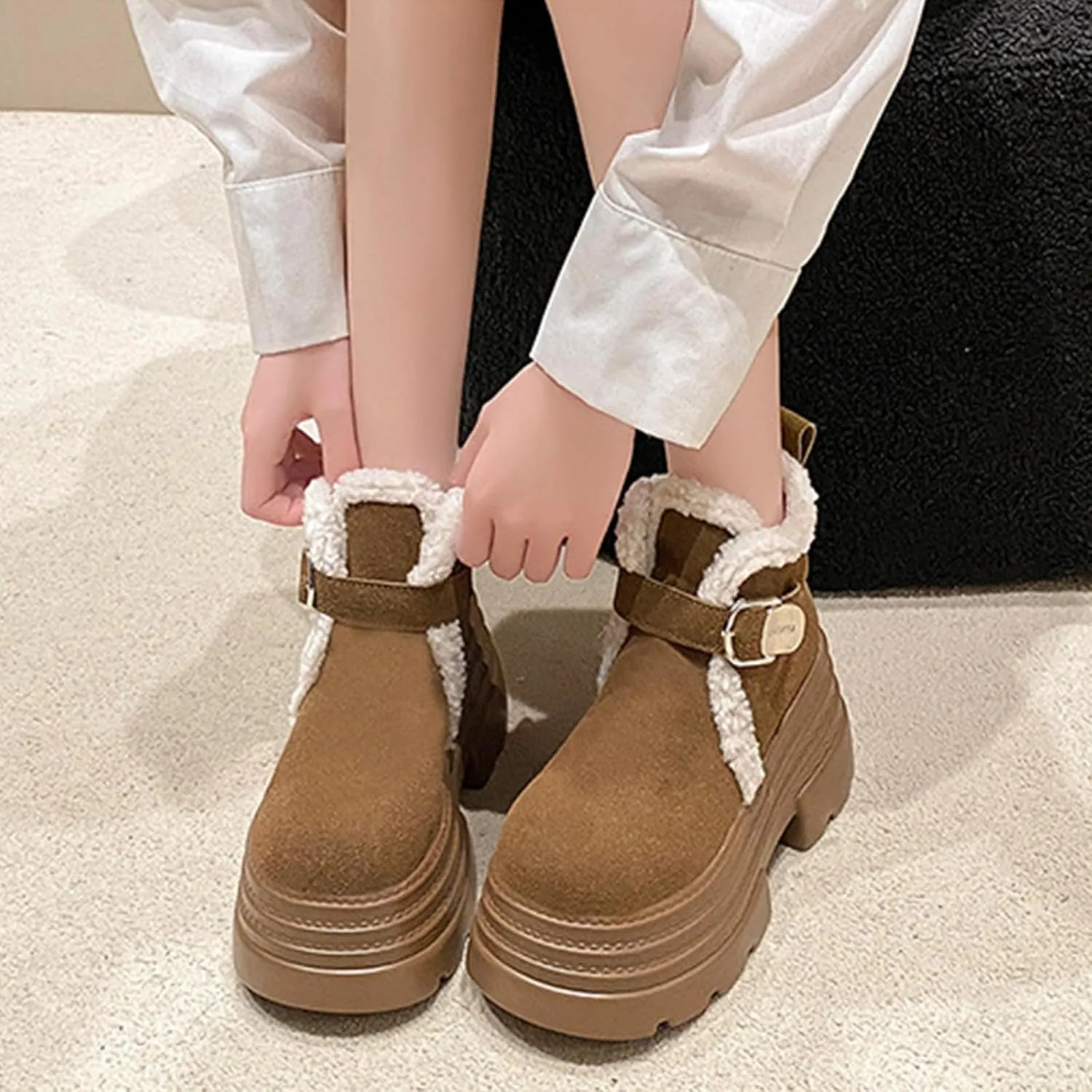 One-Foot Tower Buckle Snow Boots, Thick-Soled Low-Heeled Round-Toed Short Boots with Velvet Lining Raw Edge Warm Straight Boots Suede Frosted Casual Boots