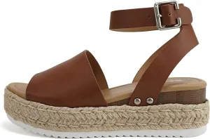 Open Pu Heel Espadrilles Strap Money-saving Ankle Toe Studded Topic Sandals Special members discount Cognac Soda Wedge