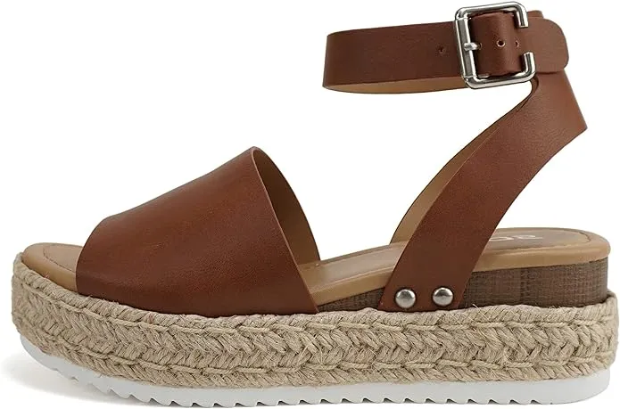 Open Pu Heel Espadrilles Strap Money-saving Ankle Toe Studded Topic Sandals Special members discount Cognac Soda Wedge