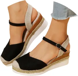 Orthopedic Platform Wedge Sandals for Women Summer Dressy 2023 Flat Open Toe Ankle Strap Espadrilles Sandals Casual Strappy Slip on Sandals Beach Boho Sandals Comfortable Outdoor Shoes (1-Black, 7.5)