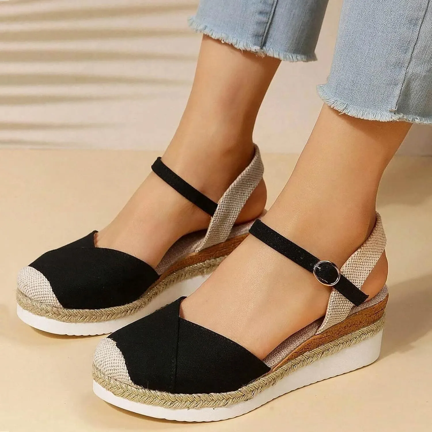 Orthopedic Platform Wedge Sandals for Women Summer Dressy 2023 Flat Open Toe Ankle Strap Espadrilles Sandals Casual Strappy Slip on Sandals Beach Boho Sandals Comfortable Outdoor Shoes (1-Black, 7.5)