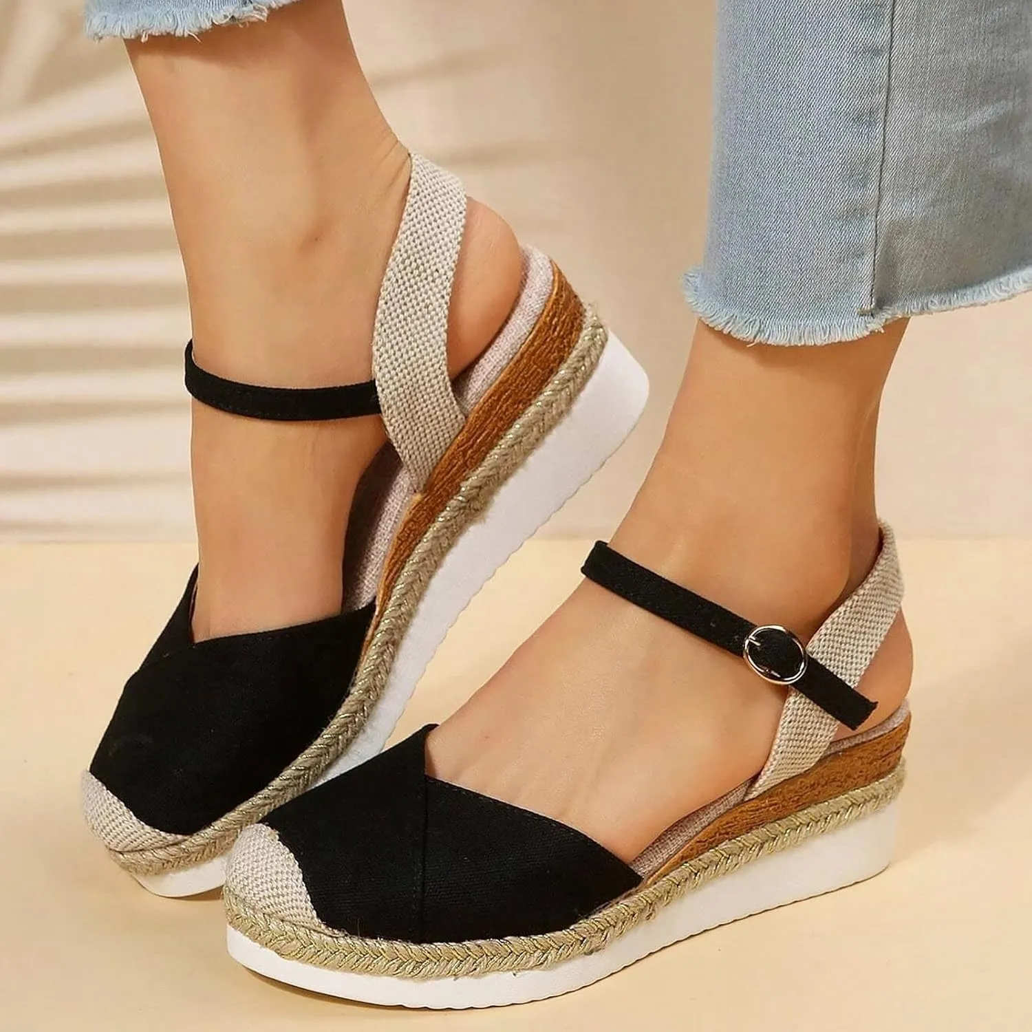 Orthopedic Platform Wedge Sandals for Women Summer Dressy 2023 Flat Open Toe Ankle Strap Espadrilles Sandals Casual Strappy Slip on Sandals Beach Boho Sandals Comfortable Outdoor Shoes (1-Black, 7.5)