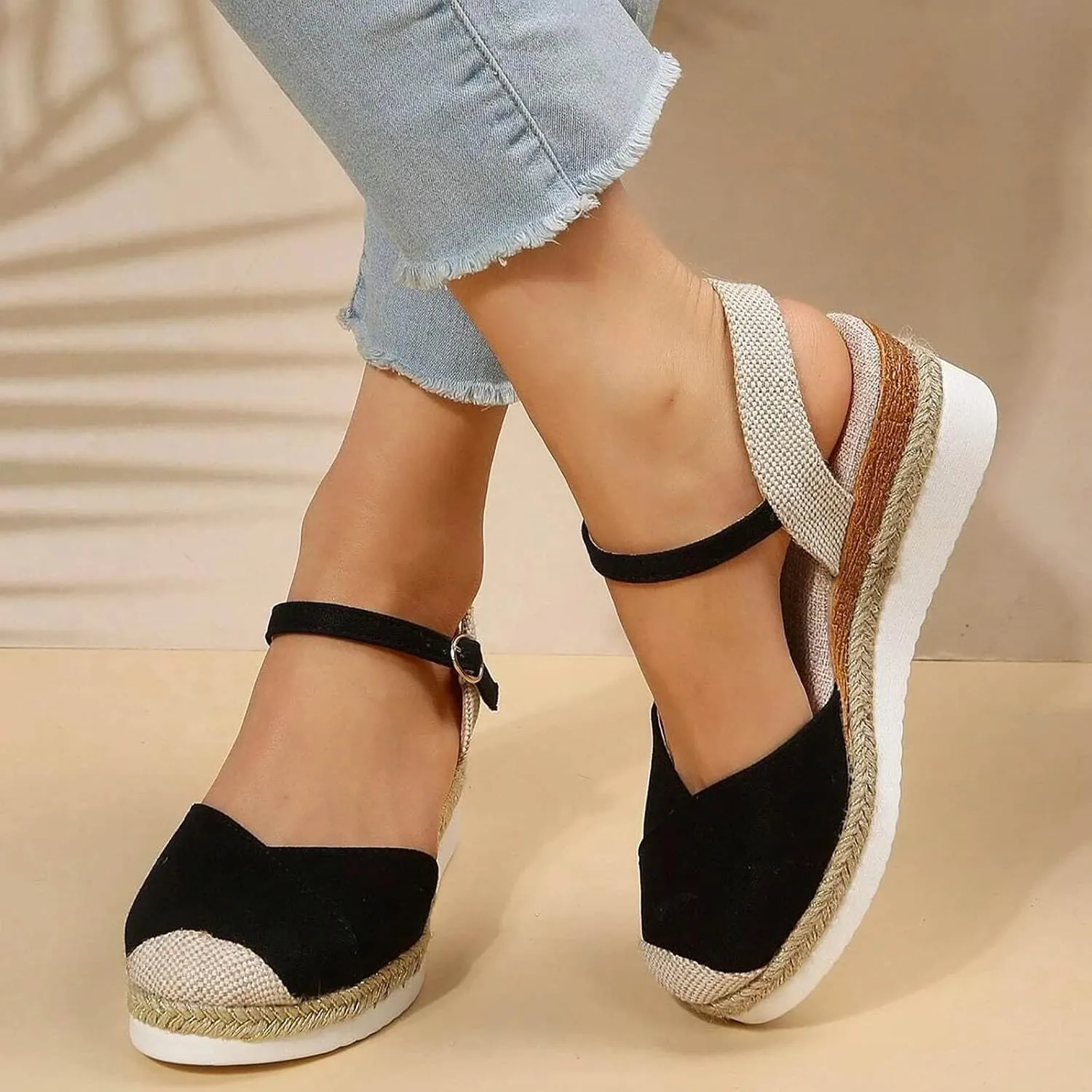 Orthopedic Platform Wedge Sandals for Women Summer Dressy 2023 Flat Open Toe Ankle Strap Espadrilles Sandals Casual Strappy Slip on Sandals Beach Boho Sandals Comfortable Outdoor Shoes (1-Black, 7.5)