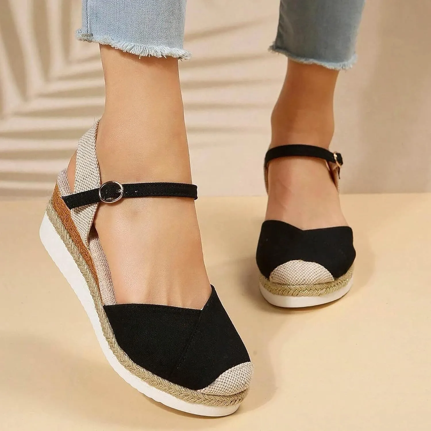 Orthopedic Platform Wedge Sandals for Women Summer Dressy 2023 Flat Open Toe Ankle Strap Espadrilles Sandals Casual Strappy Slip on Sandals Beach Boho Sandals Comfortable Outdoor Shoes (1-Black, 7.5)