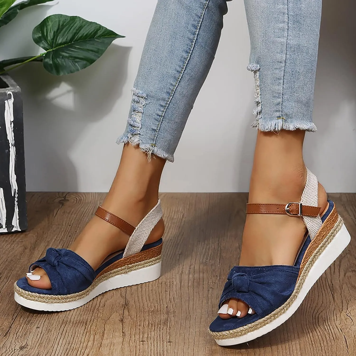 Orthopedic Platform Wedge Sandals for Women Summer Dressy 2023 Flat Open Toe Ankle Strap Espadrilles Sandals Casual Strappy Slip on Sandals Beach Boho Sandals Comfortable Outdoor Shoes (5-Blue, 8)