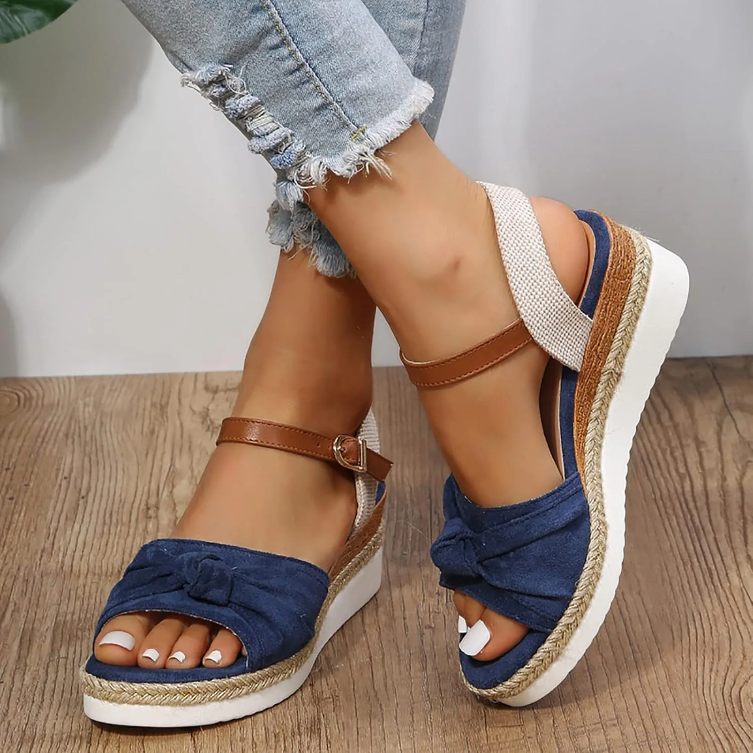 Orthopedic Platform Wedge Sandals for Women Summer Dressy 2023 Flat Open Toe Ankle Strap Espadrilles Sandals Casual Strappy Slip on Sandals Beach Boho Sandals Comfortable Outdoor Shoes (5-Blue, 8)
