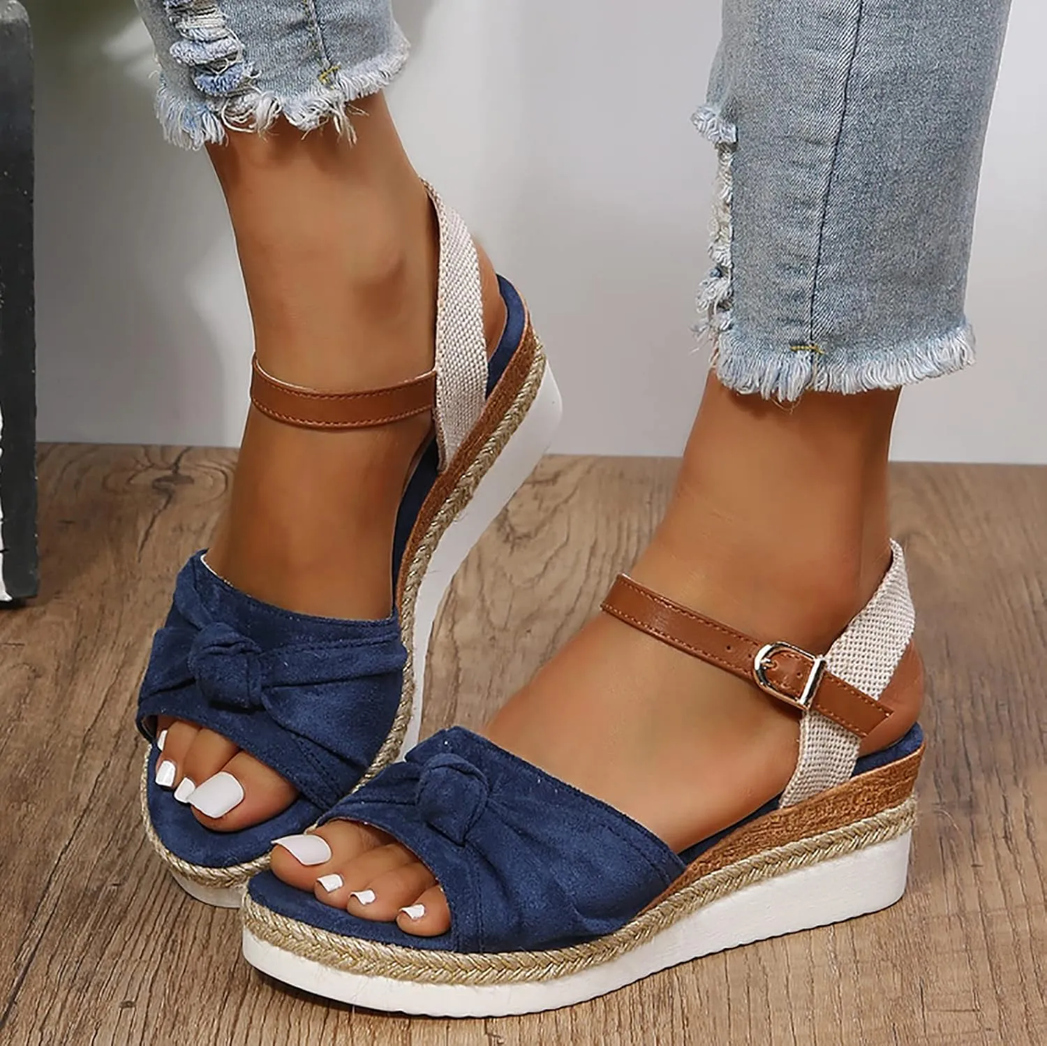 Orthopedic Platform Wedge Sandals for Women Summer Dressy 2023 Flat Open Toe Ankle Strap Espadrilles Sandals Casual Strappy Slip on Sandals Beach Boho Sandals Comfortable Outdoor Shoes (5-Blue, 8)