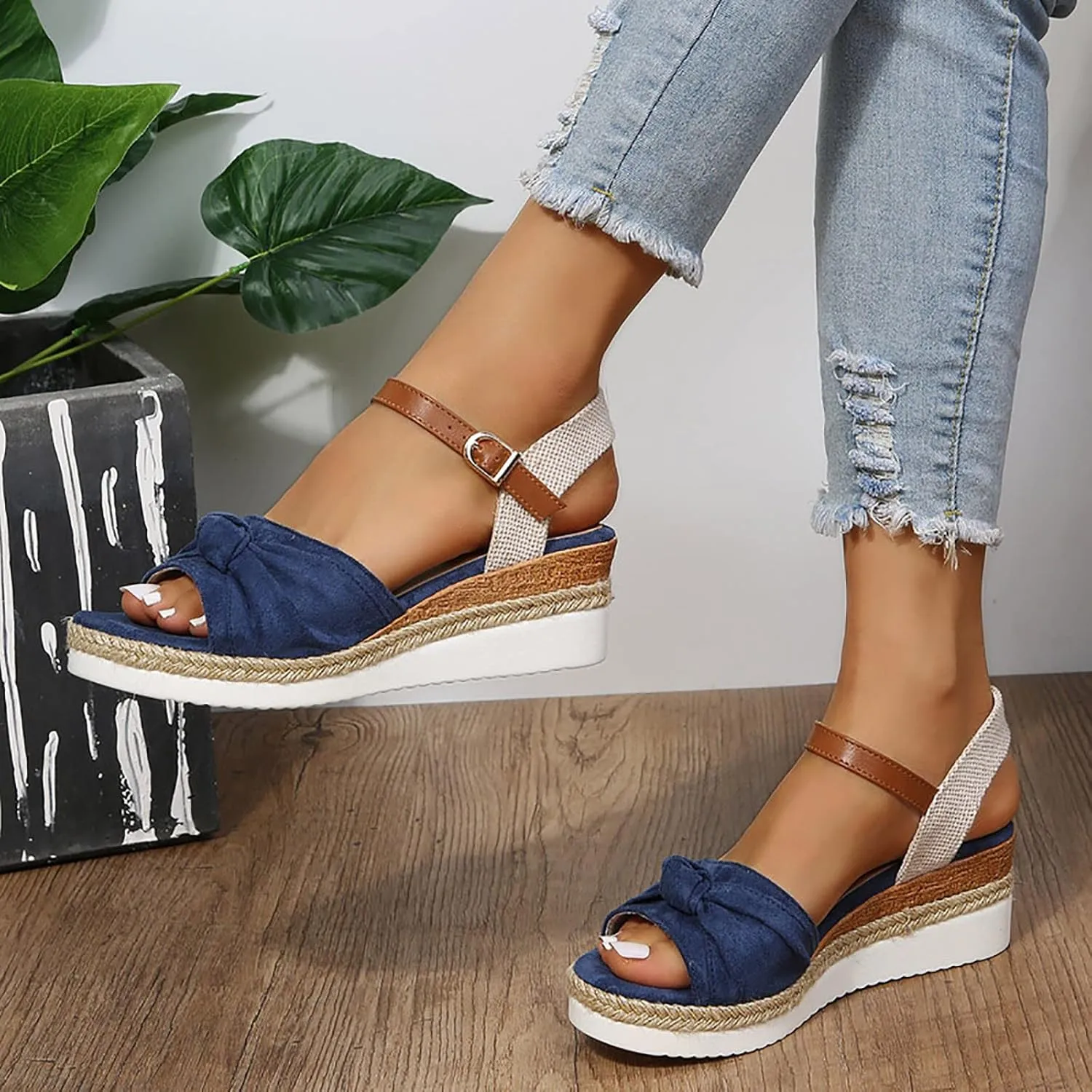 Orthopedic Platform Wedge Sandals for Women Summer Dressy 2023 Flat Open Toe Ankle Strap Espadrilles Sandals Casual Strappy Slip on Sandals Beach Boho Sandals Comfortable Outdoor Shoes (5-Blue, 8)