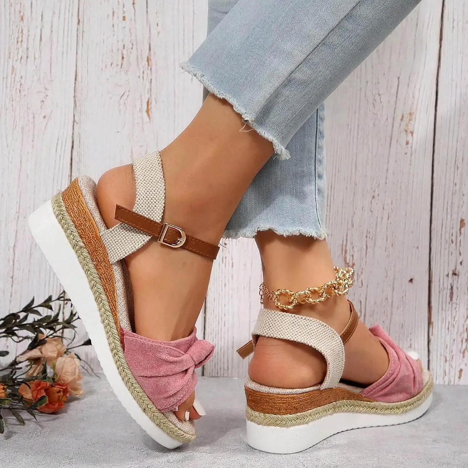 Orthopedic Platform Wedge Sandals for Women Summer Dressy 2023 Flat Open Toe Ankle Strap Espadrilles Sandals Casual Strappy Slip on Sandals Beach Boho Sandals Comfortable Outdoor Shoes (6-Pink, 9)