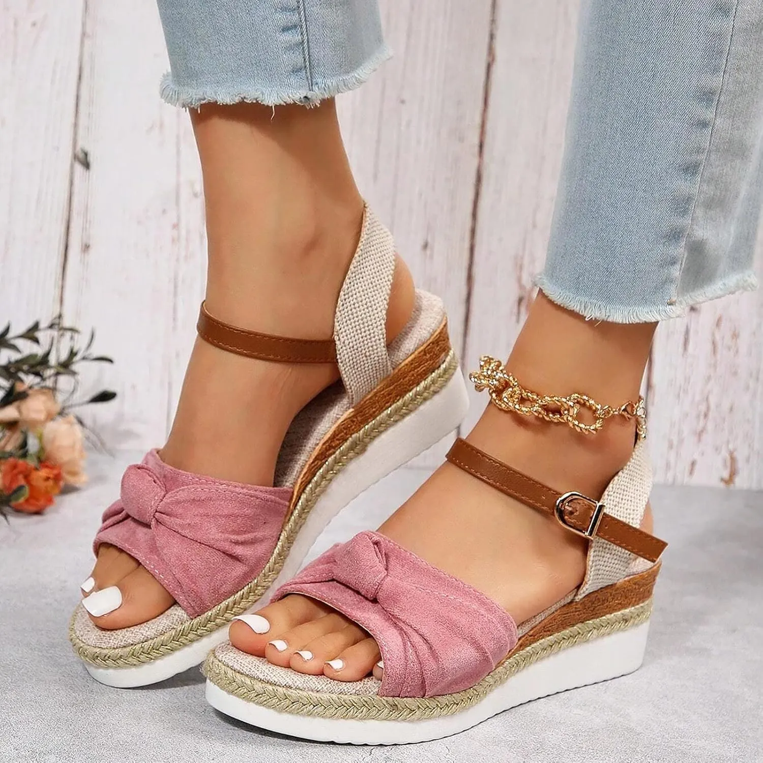 Orthopedic Platform Wedge Sandals for Women Summer Dressy 2023 Flat Open Toe Ankle Strap Espadrilles Sandals Casual Strappy Slip on Sandals Beach Boho Sandals Comfortable Outdoor Shoes (6-Pink, 9)