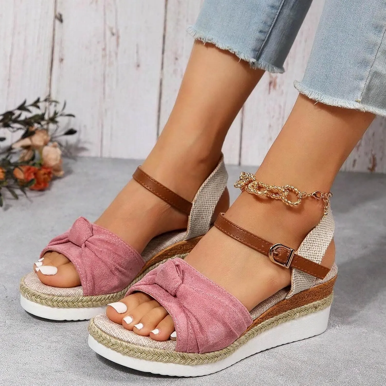 Orthopedic Platform Wedge Sandals for Women Summer Dressy 2023 Flat Open Toe Ankle Strap Espadrilles Sandals Casual Strappy Slip on Sandals Beach Boho Sandals Comfortable Outdoor Shoes (6-Pink, 9)