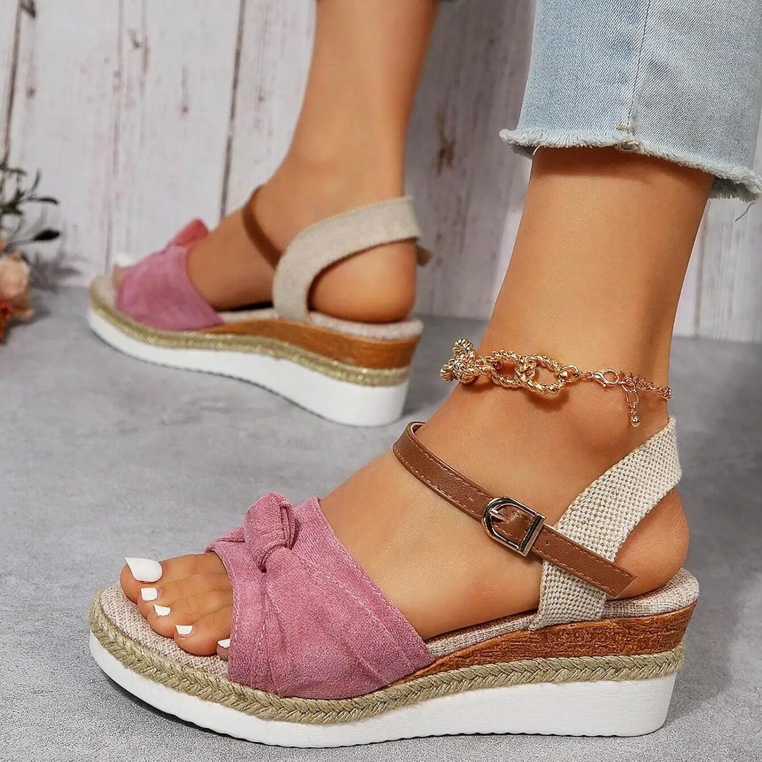 Orthopedic Platform Wedge Sandals for Women Summer Dressy 2023 Flat Open Toe Ankle Strap Espadrilles Sandals Casual Strappy Slip on Sandals Beach Boho Sandals Comfortable Outdoor Shoes (6-Pink, 9)