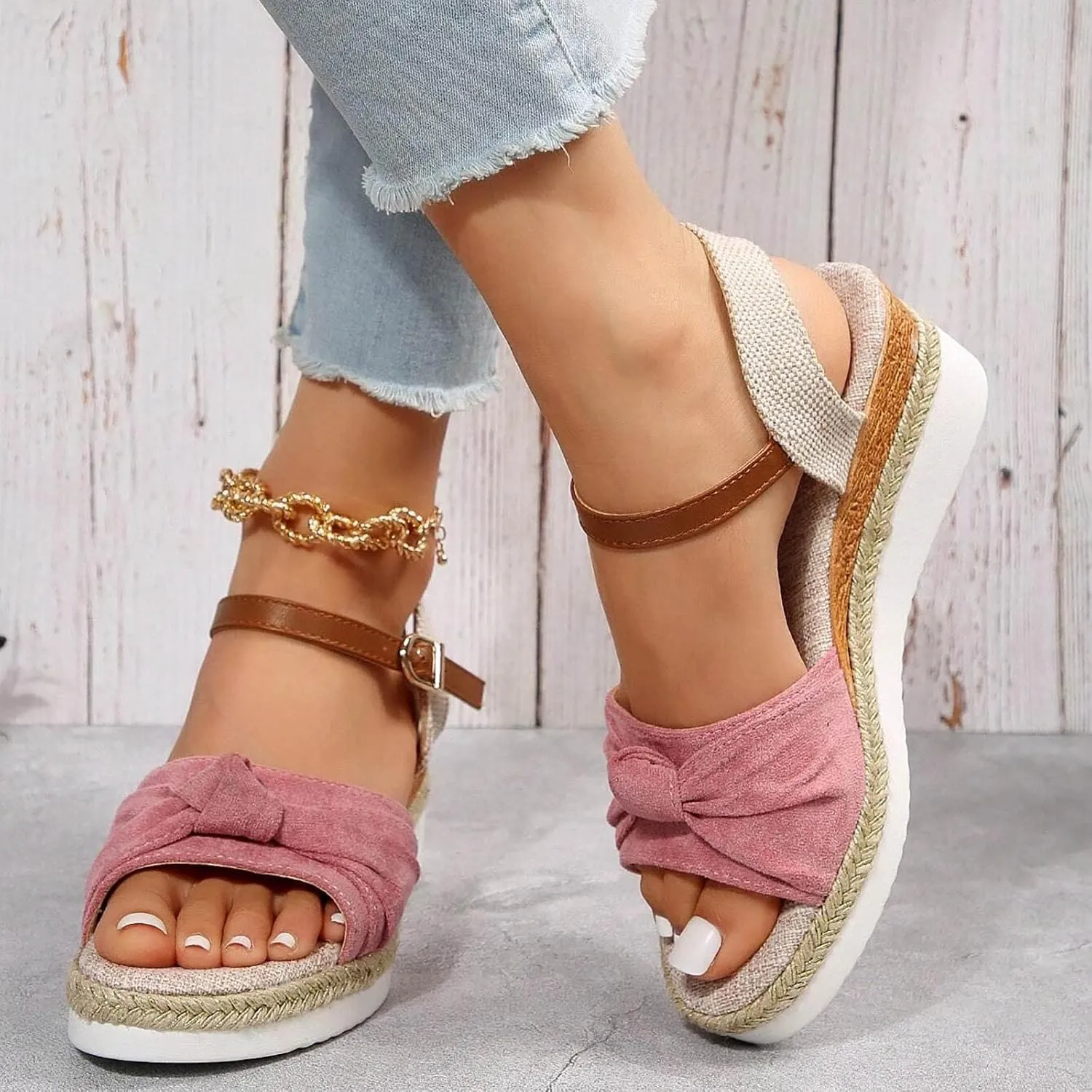 Orthopedic Platform Wedge Sandals for Women Summer Dressy 2023 Flat Open Toe Ankle Strap Espadrilles Sandals Casual Strappy Slip on Sandals Beach Boho Sandals Comfortable Outdoor Shoes (6-Pink, 9)