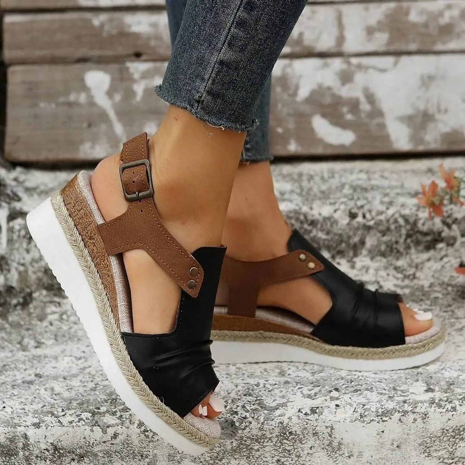 Orthopedic Wedge Sandals for Women Summer Dressy Flat Open Toe Ankle Strap Platform Espadrilles Sandals Casual Strappy Slip on Sandals Beach Anti-Slip Sandals Comfortable Outdoor Shoes