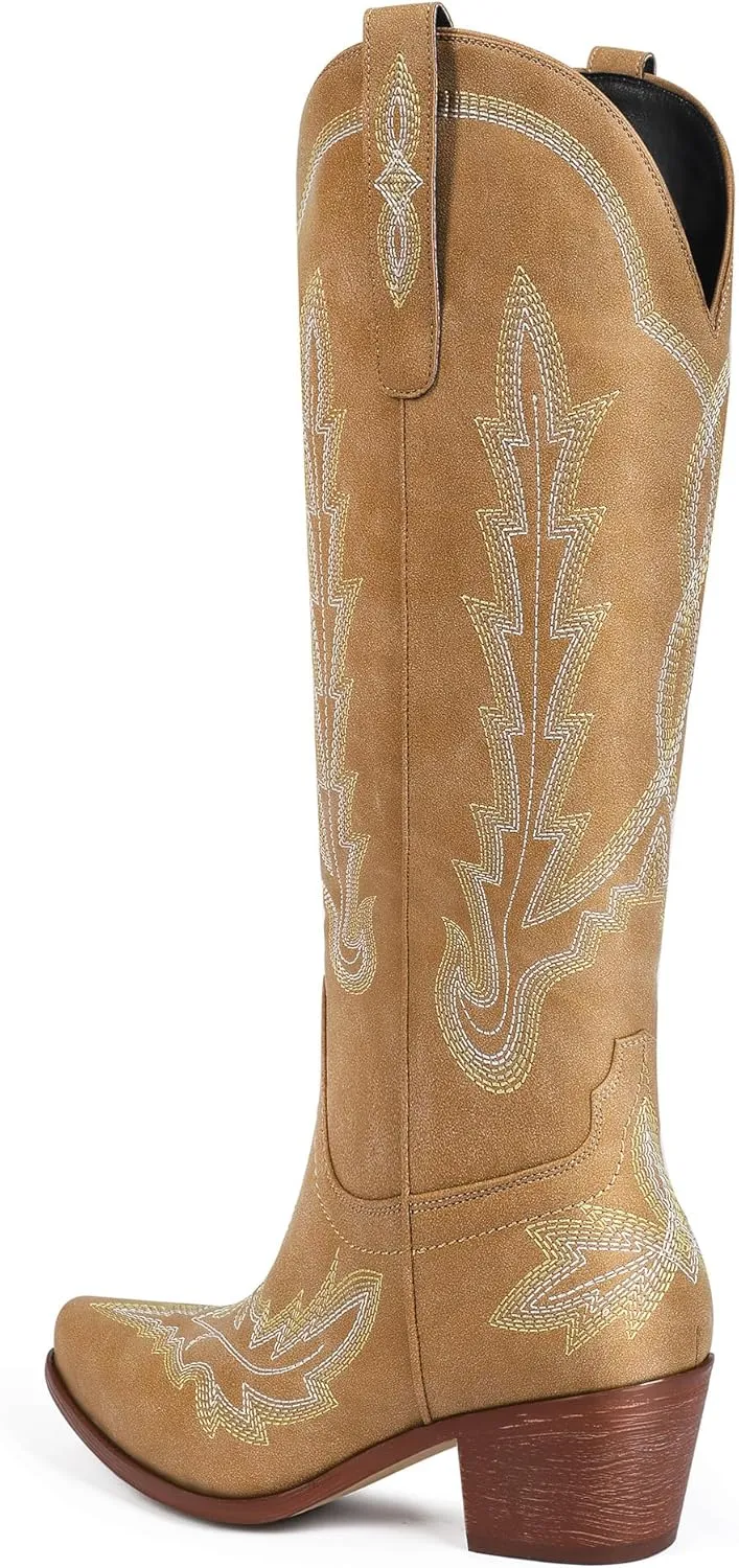 Ouepiano Cowboy Boots for Women Knee High Cowgirl Boots with Classic Embroidered Slip On Pointed Toe Chunky Heel Pull On Fashion Retro Tall Boot