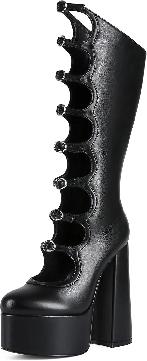 Oversized Women's Thick Heels and High Heels Gothic Buckle Waterproof Platform Nightclub Cool Boots